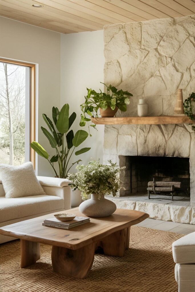 Serene living room incorporating natural elements like a wooden coffee table, stone fireplace, and several potted plants.