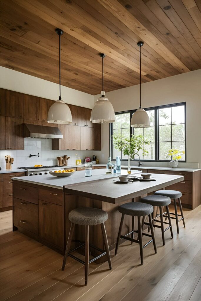 A T-shaped kitchen island offering abundant seating and workspace, with the extended section functioning as a dining table, featuring sturdy, comfortable stools