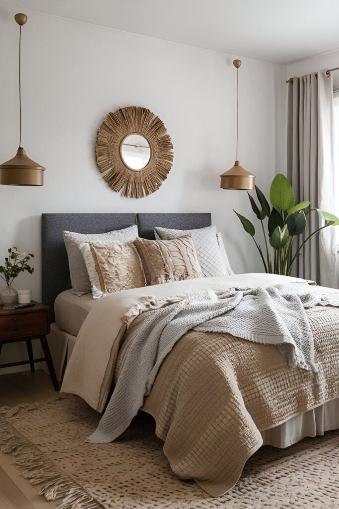 A bed with textured bedding including quilts, throws, and duvet covers with knits, ruffles, and embroidery