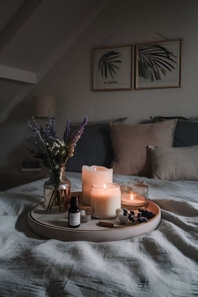 A bedroom enhanced with candles, essential oil diffusers, and fresh flowers emitting calming scents like lavender and eucalyptus