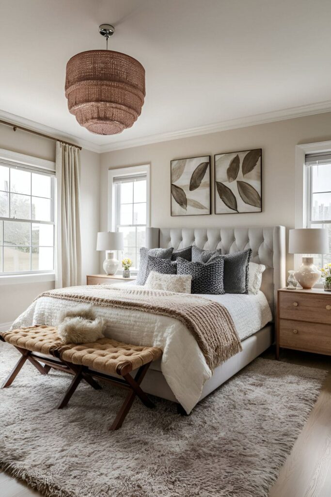 A bedroom featuring a soft, plush area rug that complements the room's color scheme and adds warmth