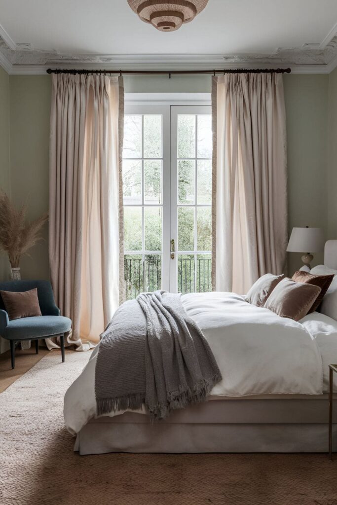 A bedroom with new light, airy curtains letting in natural light, and luxurious velvet or silk curtains for a more opulent feel