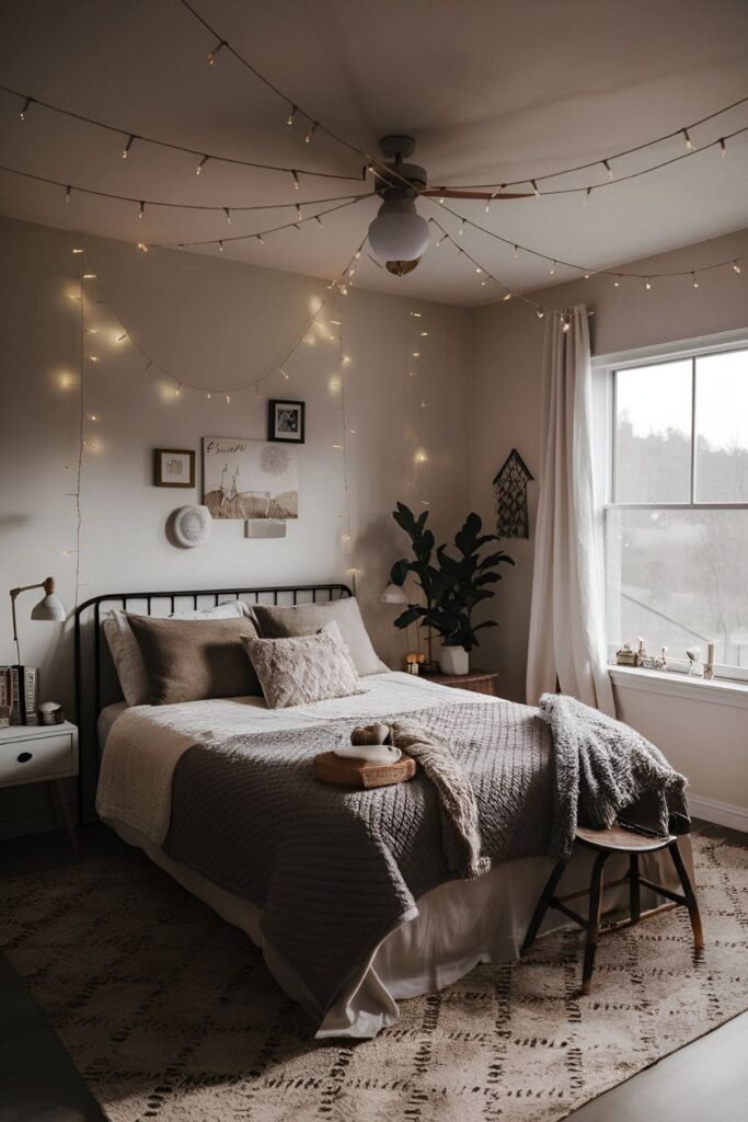 A bedroom with string lights hung around the bed, on the walls, or across the ceiling, creating a cozy atmosphere