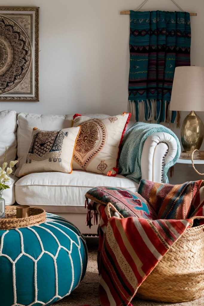 A bohemian living room with a collection of global textiles, including embroidered throw pillows, a Moroccan pouffe, and colorful kilim throws