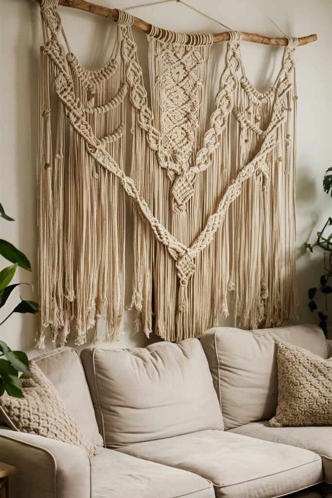 A bohemian living room with a large macramé wall hanging above a comfortable beige couch. The intricate handcrafted piece adds texture and interest