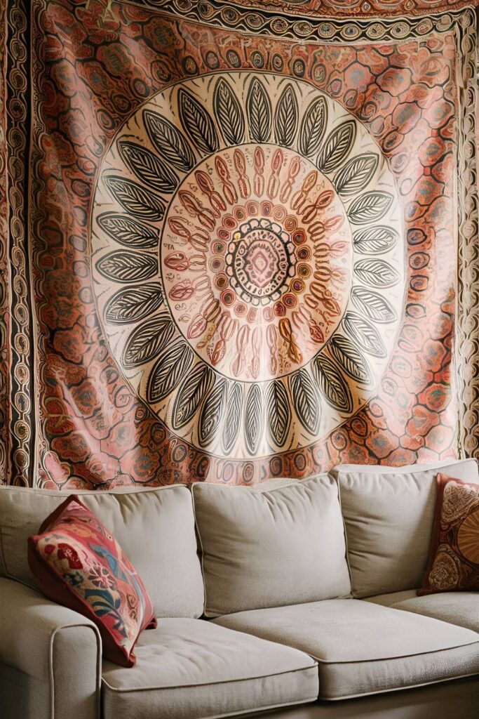 A bohemian-style living room with a colorful tapestry featuring intricate patterns hanging above a beige couch. The tapestry adds texture and warmth to the space