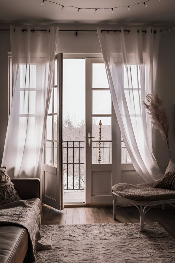 A boho living room bathed in natural light with sheer curtains and fairy lights