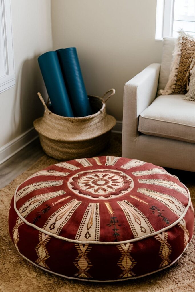 A boho living room featuring a large, round floor cushion with kilim patterns, creating a meditation space with a woven basket holding yoga mats