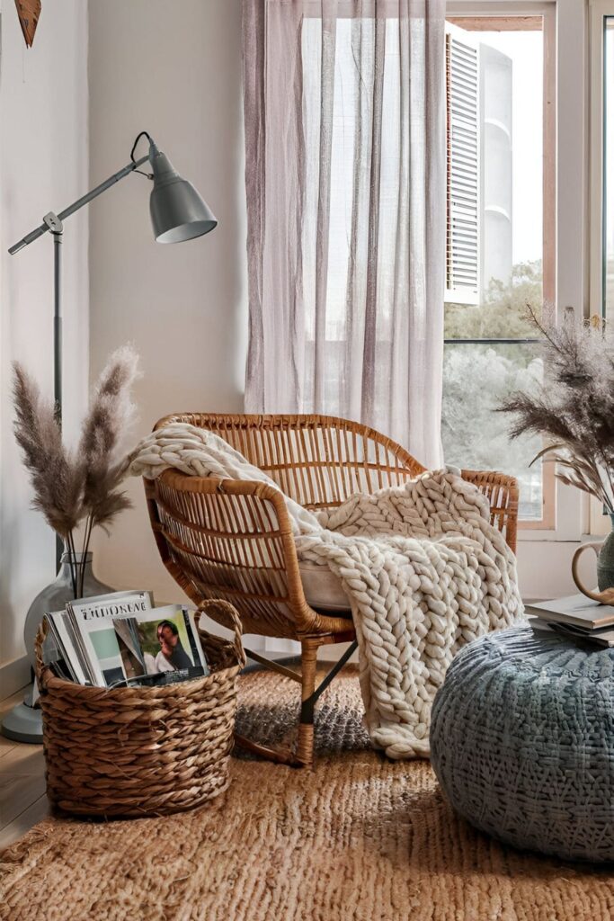 A boho living room featuring a mix of textures, including a jute rug, chunky knit throw blanket, wicker armchair, woven basket, and metal floor lamp