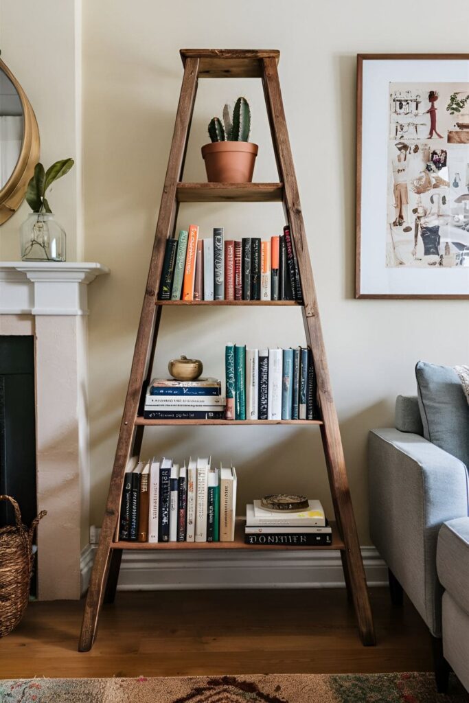 A boho living room with a unique DIY bookshelf made from a repurposed wooden ladder and displaying books and décor