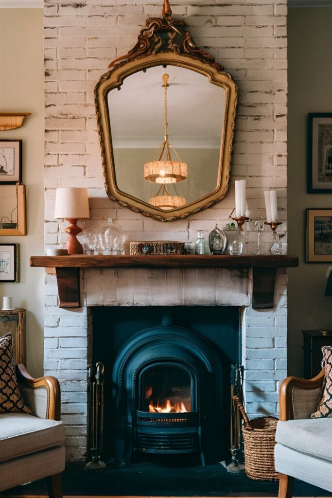 A boho living room with a vintage mirror with a gilded frame hanging above a fireplace, reflecting the warm glow