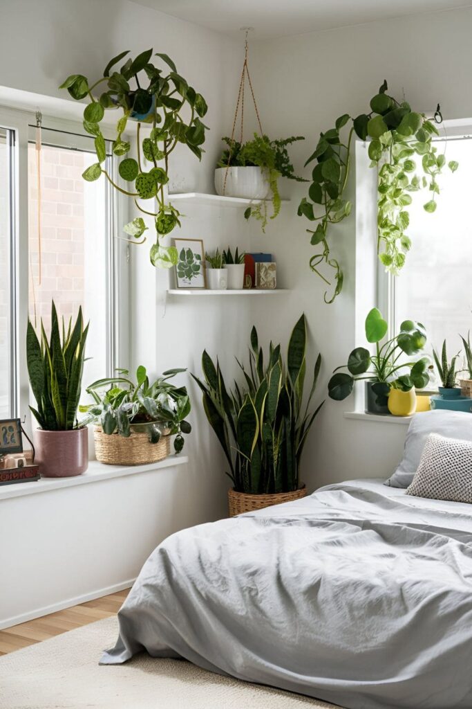 A bright bedroom with low-maintenance plants like snake plants, succulents, and pothos on windowsills, shelves, and hanging planters