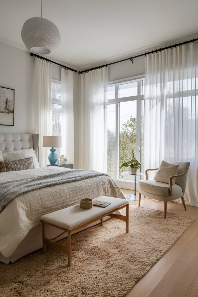 A bright bedroom with sheer curtains letting in natural light while maintaining privacy, paired with heavier drapes