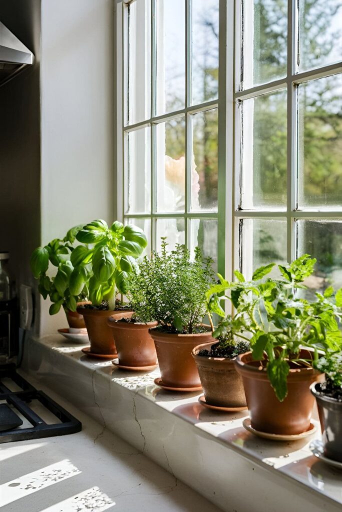 A bright kitchen with a wide windowsill lined with small pots of basil, thyme, and mint, bathed in sunlight