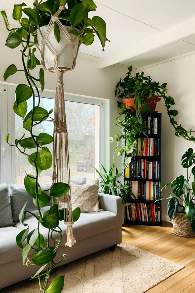 A bright living room featuring hanging pothos and philodendron plants for a touch of nature