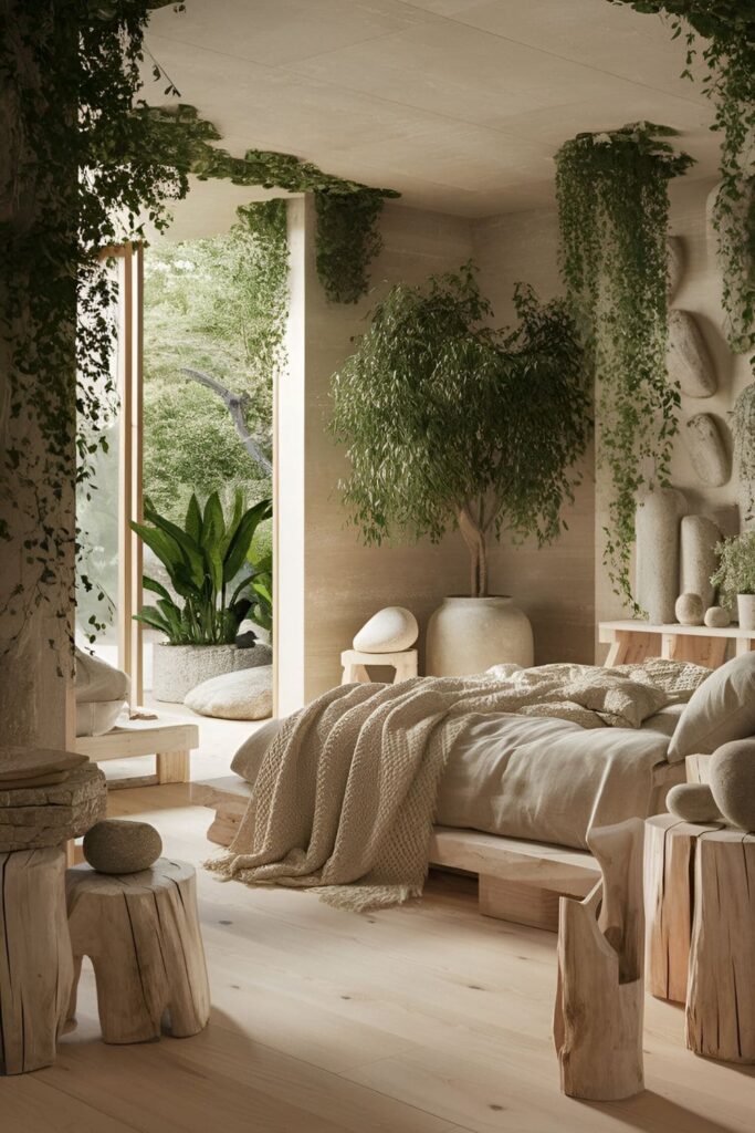 A calming bedroom decorated with natural elements like wooden furniture, stone decor, and plenty of greenery