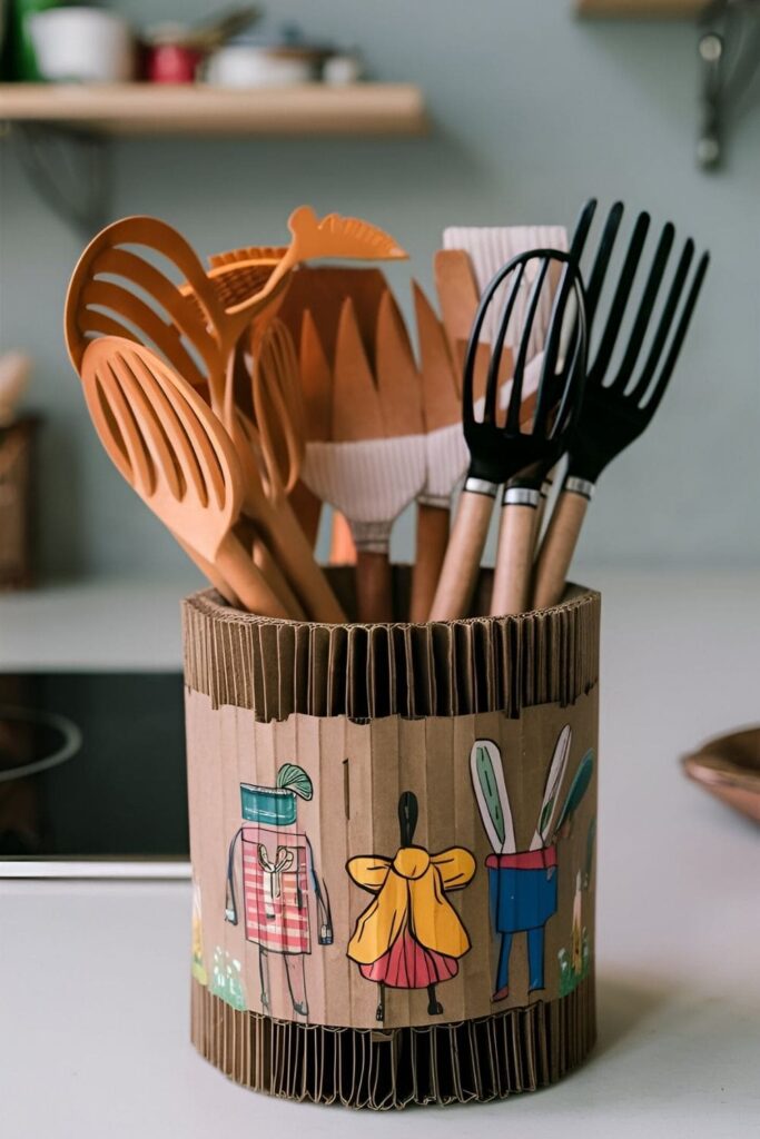 A chic cardboard utensil holder, made from rolled cardboard pieces and decorated, displaying various kitchen utensils on a counter