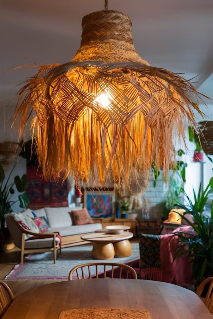 A close-up of a woven pendant lamp casting a warm glow in a boho living room