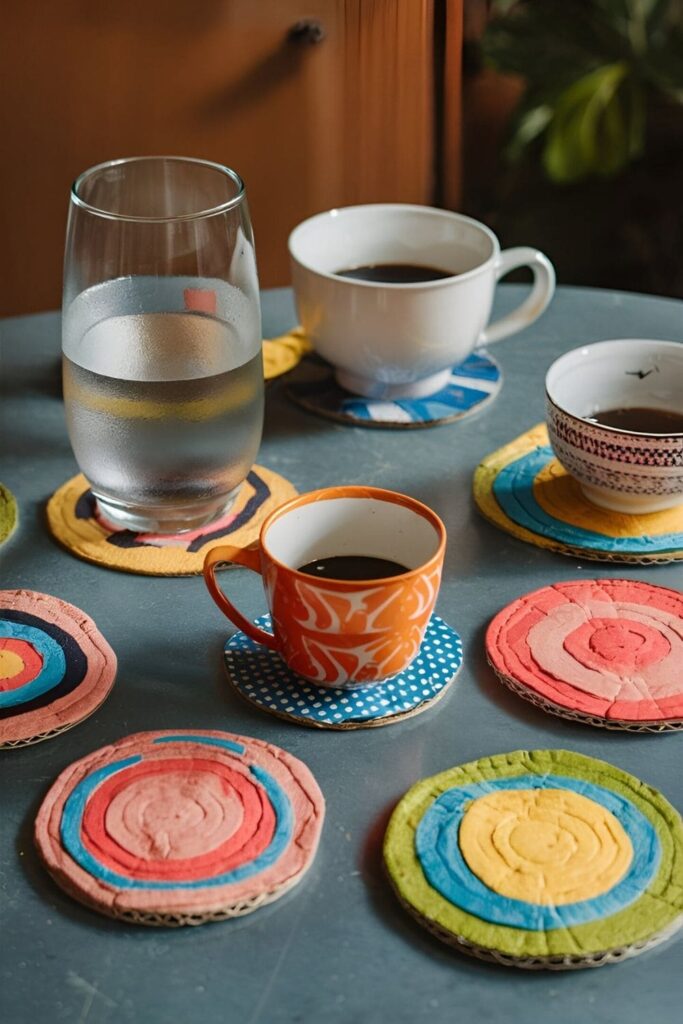 A collection of colorful, handmade cardboard coasters with various designs and patterns, placed on a kitchen table under cups and glasses