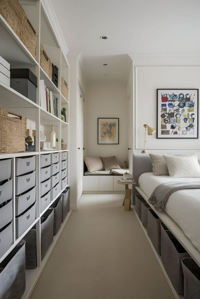 A tidy bedroom with stylish storage solutions like baskets, boxes, and under-bed bins, showcasing a clutter-free space