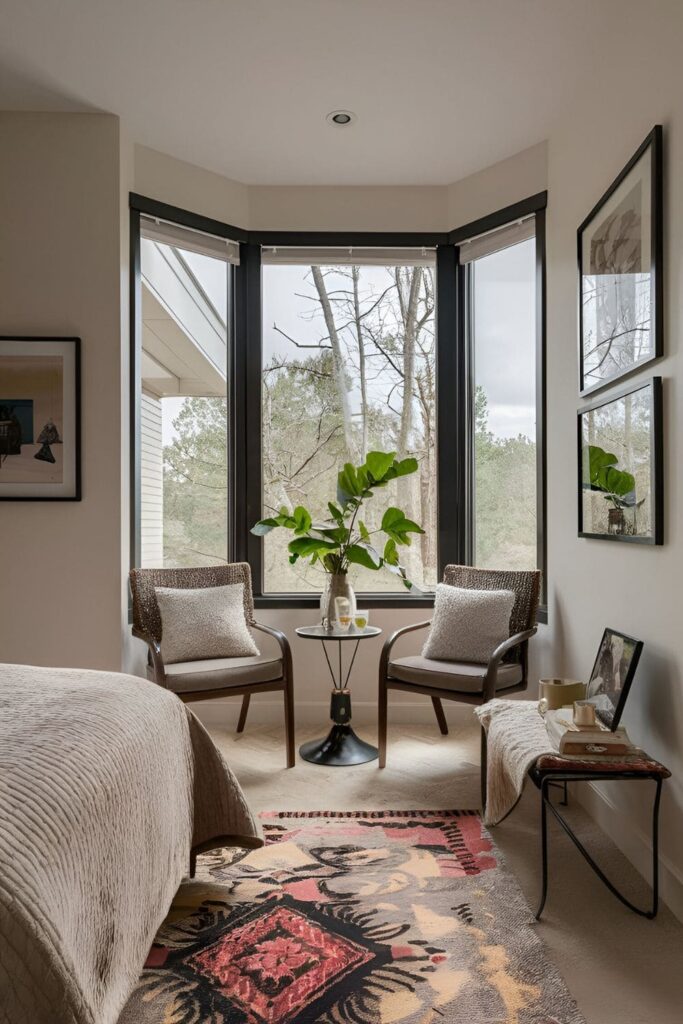 A cozy bedroom corner with a small seating area including a couple of chairs and a table