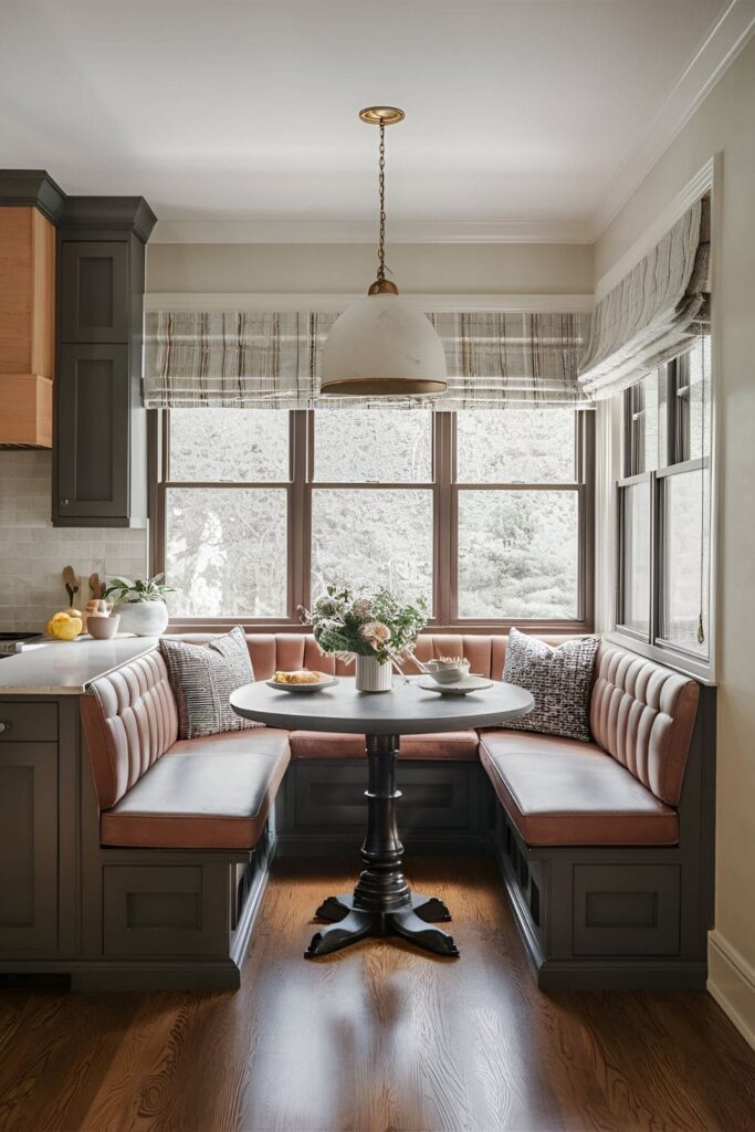 A cozy kitchen island with built-in banquette seating, creating a comfortable nook for meals, using durable, easy-to-clean materials