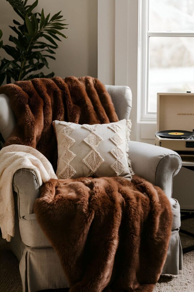 A cozy living room featuring a brown faux fur throw draped over a plush armchair with a geometric patterned pillow