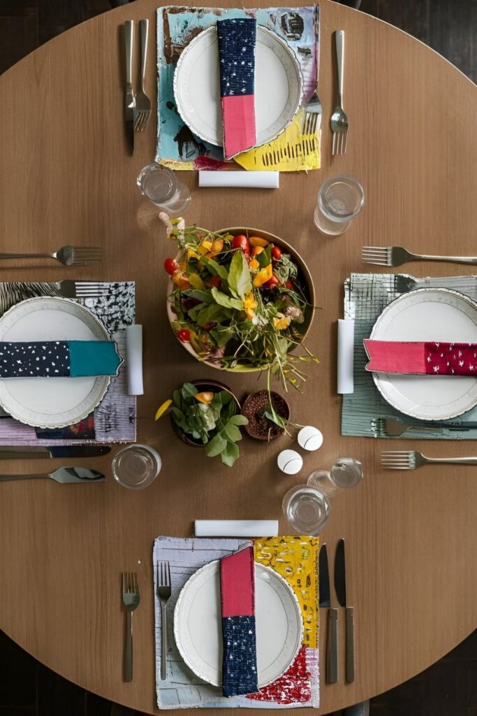 A dining table set with unique cardboard placemats, each decorated with paint and fabric, ready for a meal