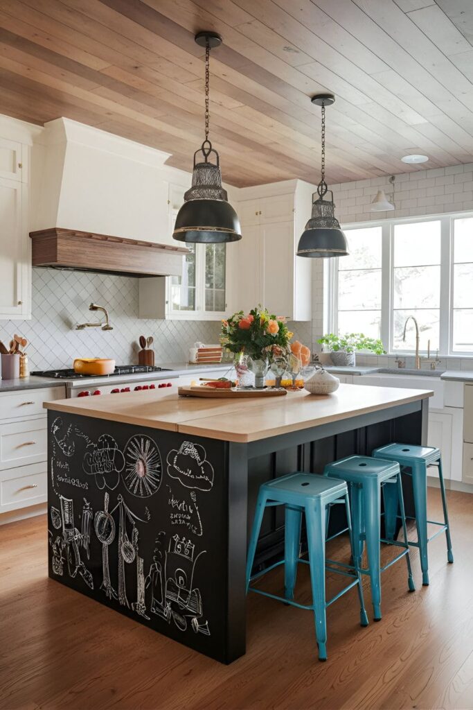 A family-friendly kitchen island with chalkboard sides for kids to draw and write notes, accompanied by casual, easy-to-clean stools