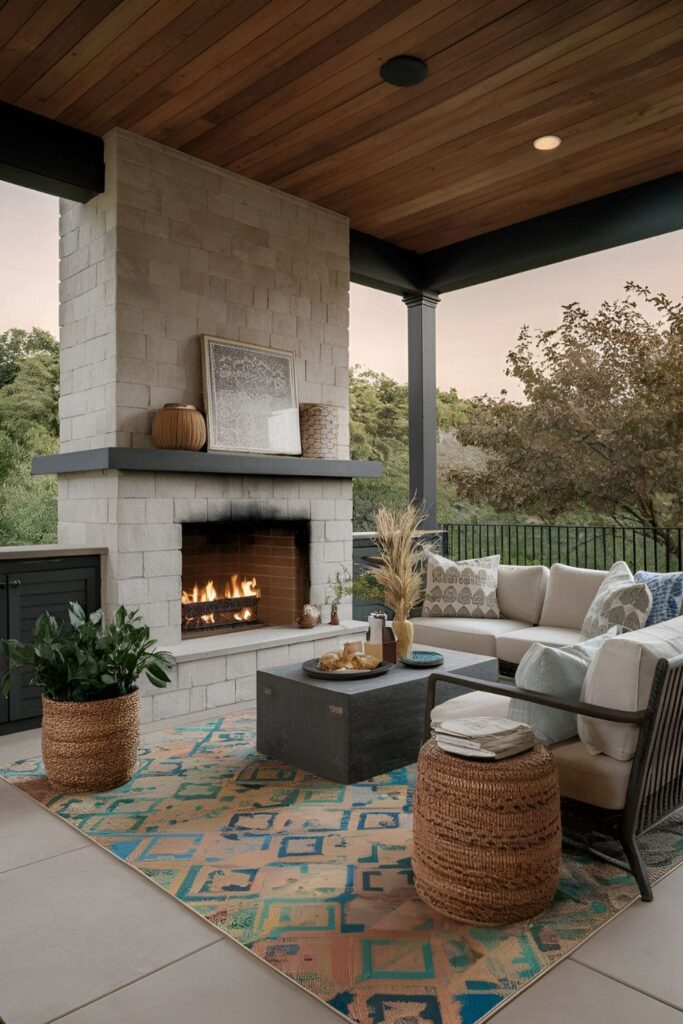 A fireplace area decorated with colorful, weather-resistant outdoor rugs, adding warmth and comfort to the space