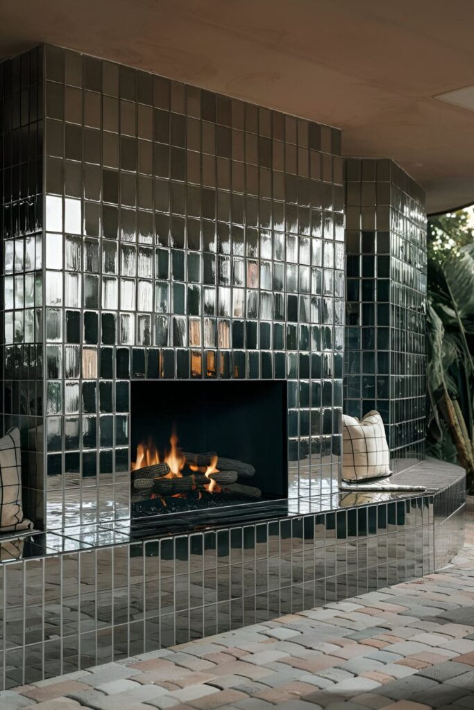 A fireplace area featuring mirrors and shiny tiles, creating a larger and glamorous appearance suitable for outdoor use