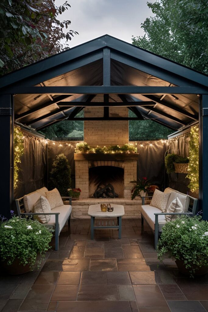 A fireplace area protected by a weatherproof canopy, decorated with string lights and potted plants for a cozy ambiance