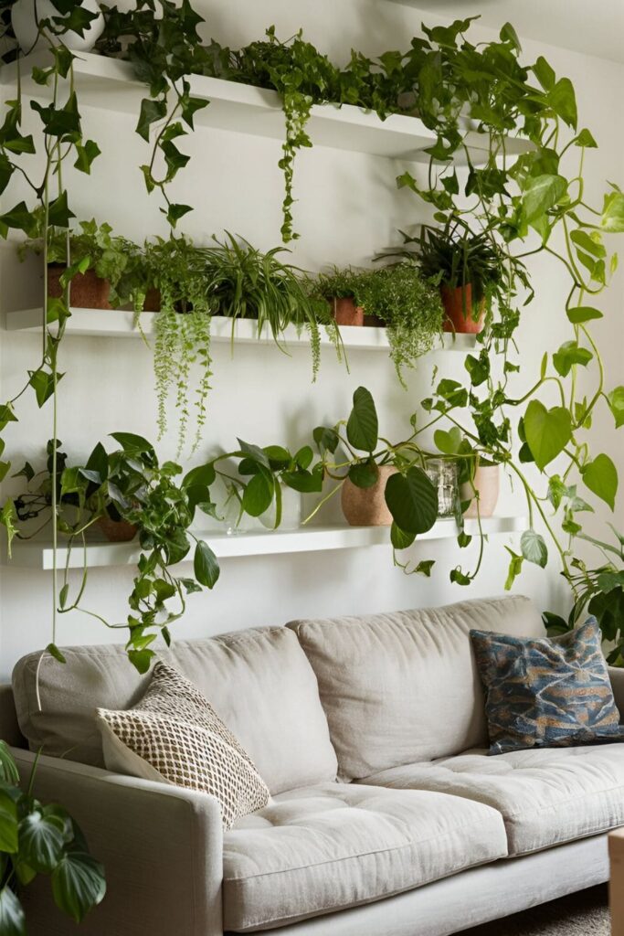 A fresh and vibrant living room with floating shelves holding trailing plants like ivy and pothos above a natural linen couch. The green plants add life and color to the space