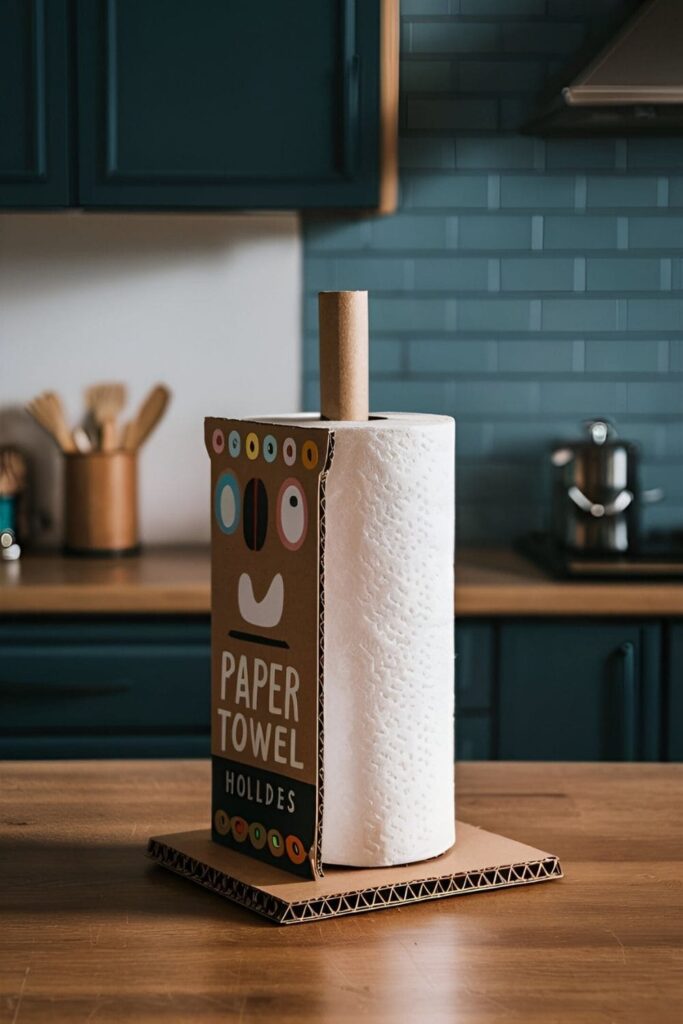 A functional and decorated cardboard paper towel holder, with a sturdy base and rod, holding a roll of paper towels on a kitchen counter