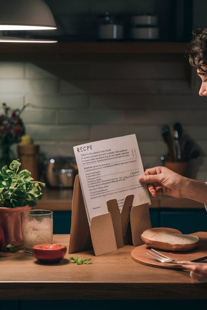 A functional and decorative cardboard recipe holder, holding a recipe card at eye level on a kitchen counter while cooking ingredients are being prepared