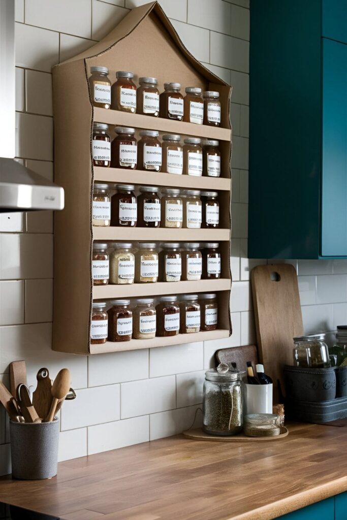 A functional and decorative cardboard spice rack with shelves and compartments, each holding labeled spice jars, mounted on a kitchen wall