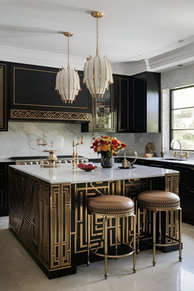 A glamorous Art Deco-inspired kitchen island with bold geometric patterns, luxurious materials like marble and brass, and rich colors, featuring elegant stools with intricate designs