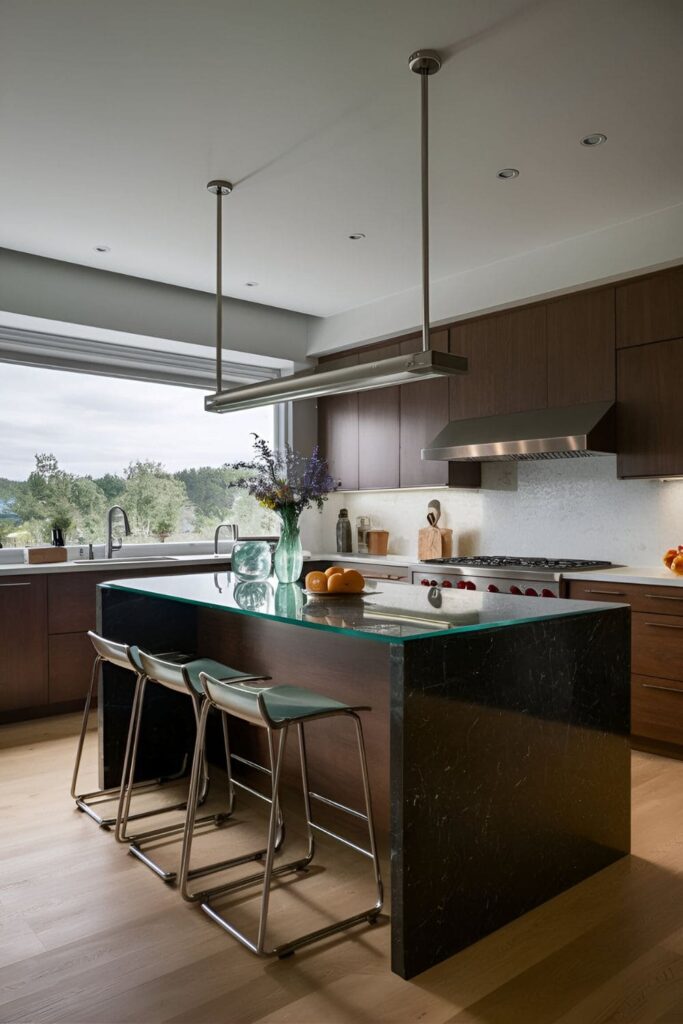 A high-tech kitchen island with glass and metal elements, featuring a glass countertop and sleek metal stools for a modern look