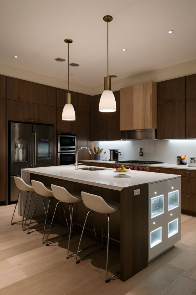 A high-tech kitchen island with smart features such as built-in charging stations, touchless faucets, and smart appliances, paired with modern, tech-friendly stools