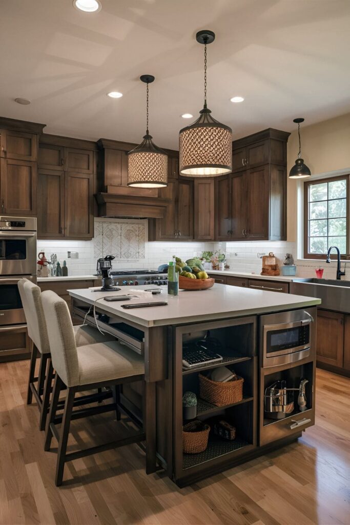 A kitchen island doubling as a workstation with a built-in desk, charging stations, and a pull-out keyboard tray, featuring ergonomic seating