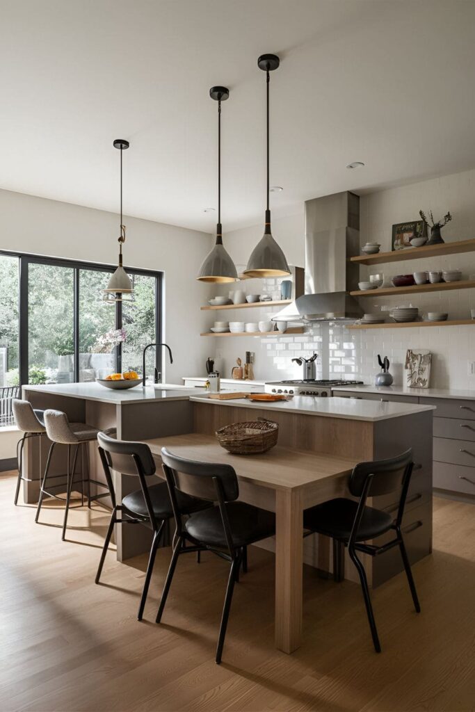 A kitchen island integrated with a built-in dining table, seamlessly transitioning between cooking and dining, with comfortable, supportive chairs or stools