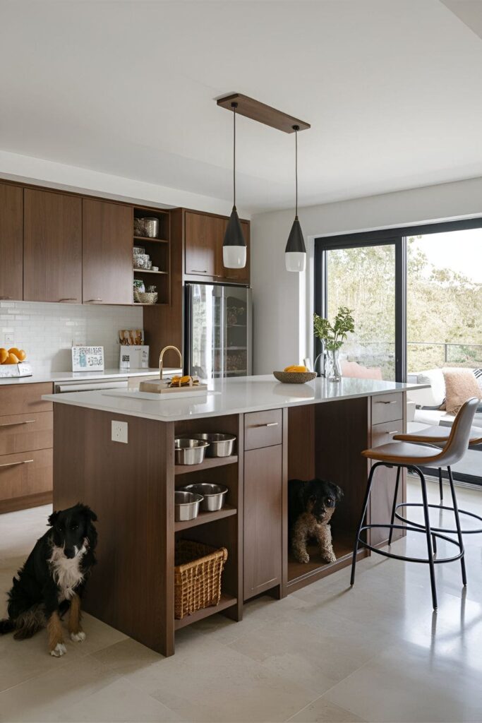 A kitchen island with a built-in pet station, including feeding bowls, pet food storage, and a cozy nook, with durable, easy-to-clean seating nearby