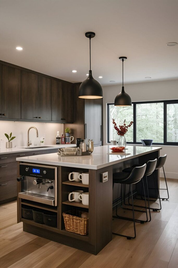 A kitchen island with a dedicated coffee station, featuring a built-in espresso machine, storage for mugs and beans, a small sink, and bar stools