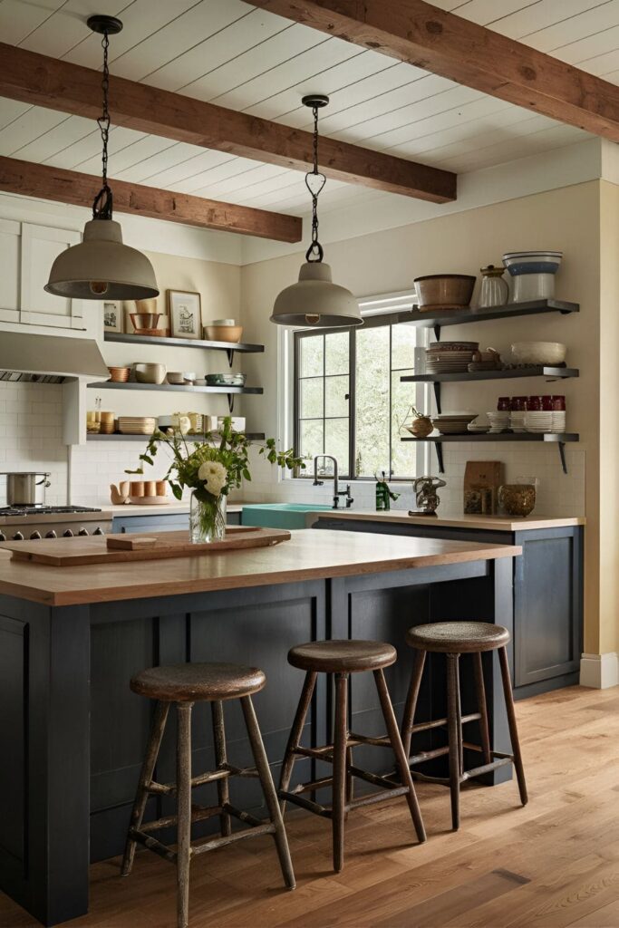 A kitchen island with a farmhouse sink, ideal for handling large pots and pans, paired with rustic or vintage stools