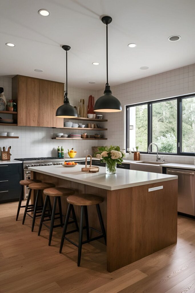 A kitchen island with an extended countertop serving dual purposes as a prep area and seating space, with stools tucked under the overhang