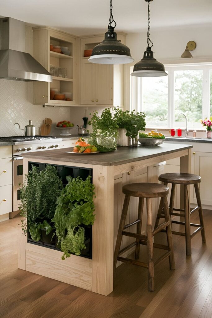 A kitchen island with an integrated herb garden in built-in pots or planters, featuring wooden stools that complement the garden theme