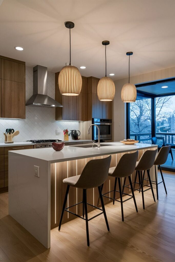 A kitchen island with built-in lighting, including LED strips under the countertop and pendant lights above, paired with complementary seating