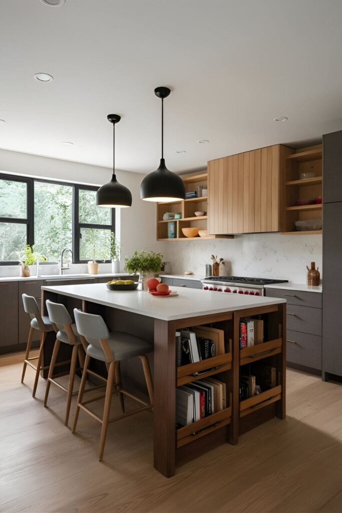 A kitchen island with hidden storage solutions such as pull-out shelves and integrated drawers, with seating that maintains a streamlined appearance