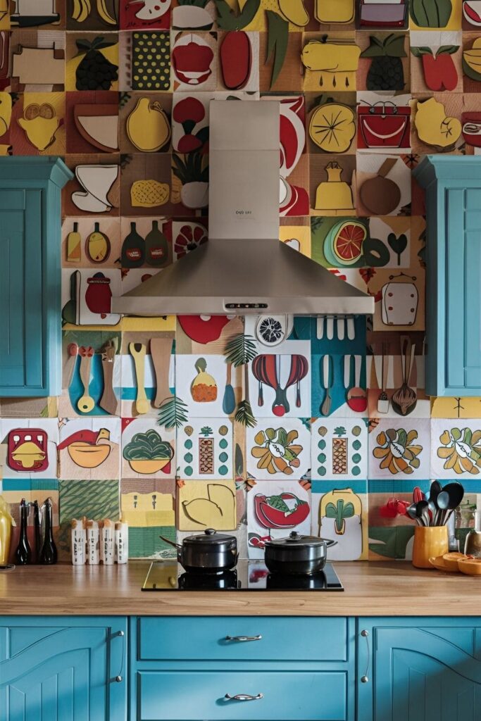 A kitchen wall adorned with vibrant cardboard cutouts in the shapes of fruits, vegetables, and kitchen utensils, arranged in an artistic pattern