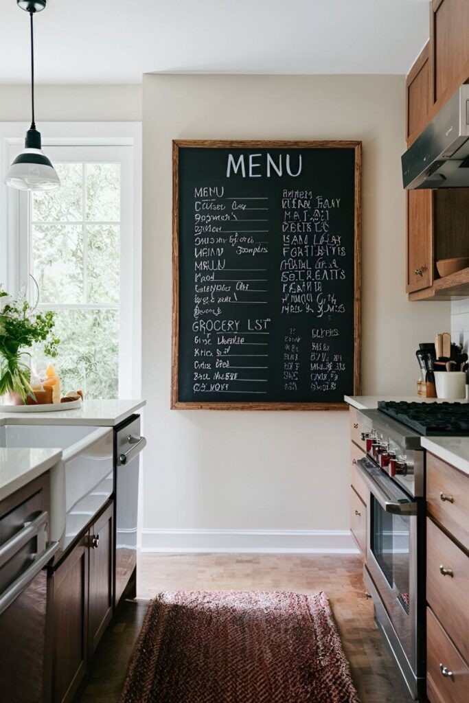 A kitchen with a large cardboard menu board painted with chalkboard paint, framed and hung on the wall, displaying the weekly menu and grocery list